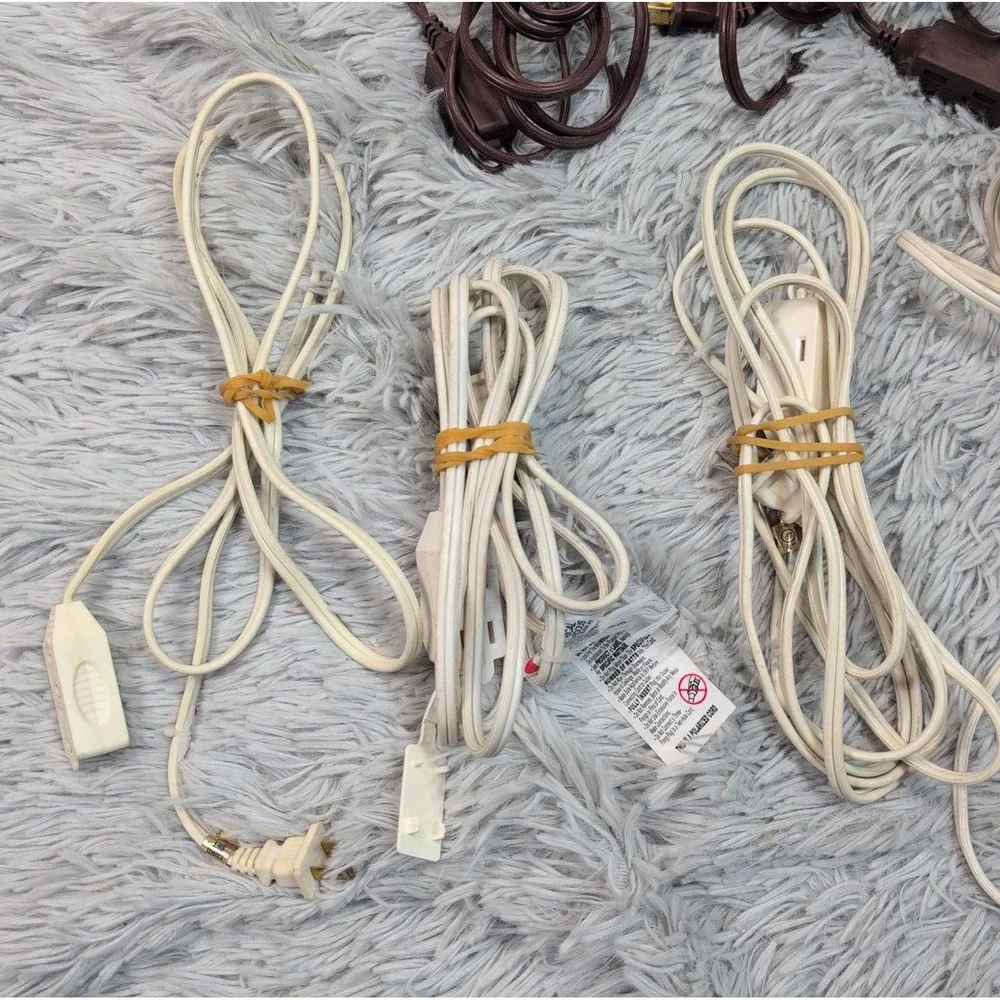 Lot of 8 Extension Cord White Brown of Varying Lengths & Sizes 2 Prong
